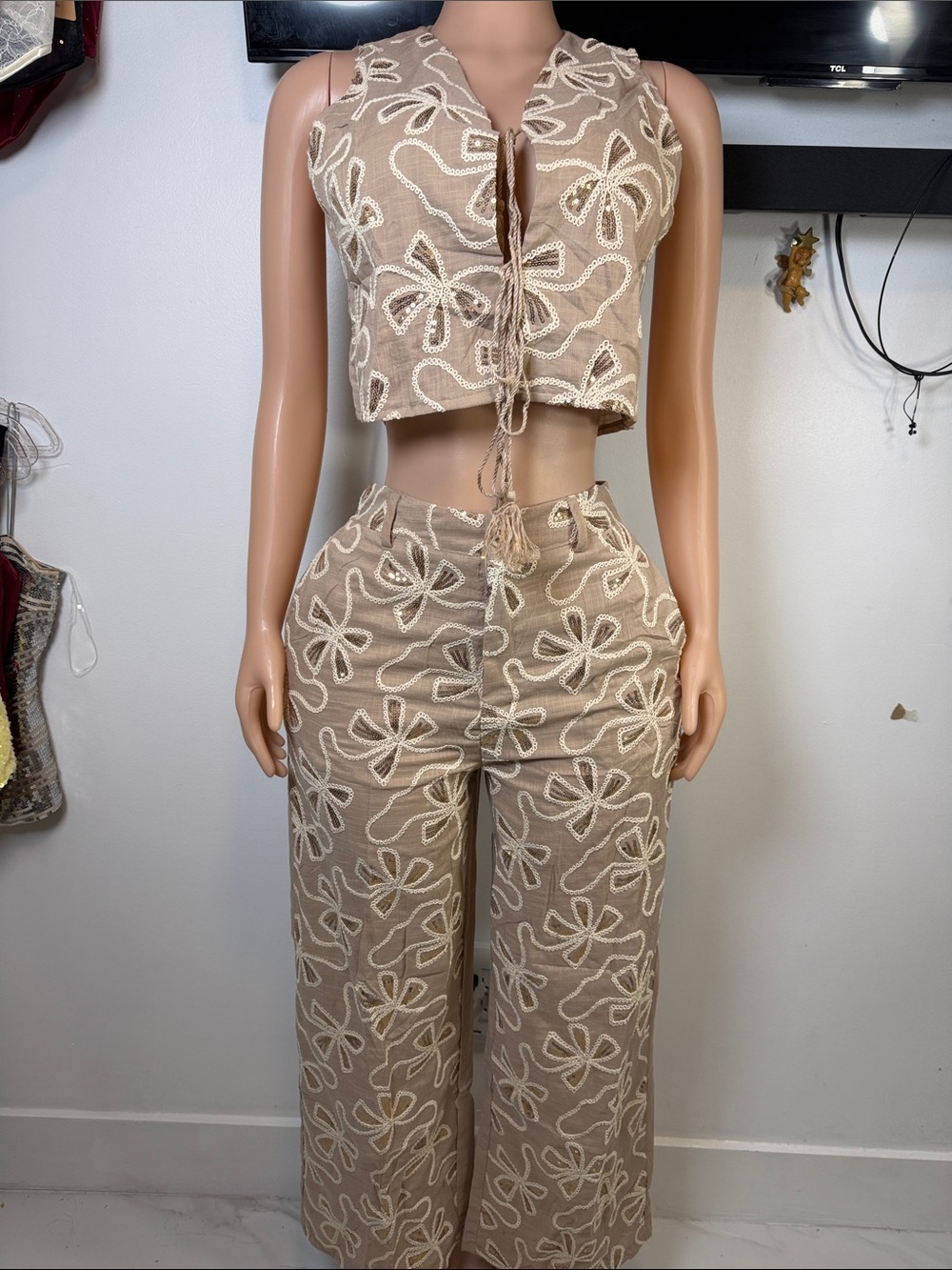 Women's Beige Embroidered Crop Top & Wide-Leg Pants Set
